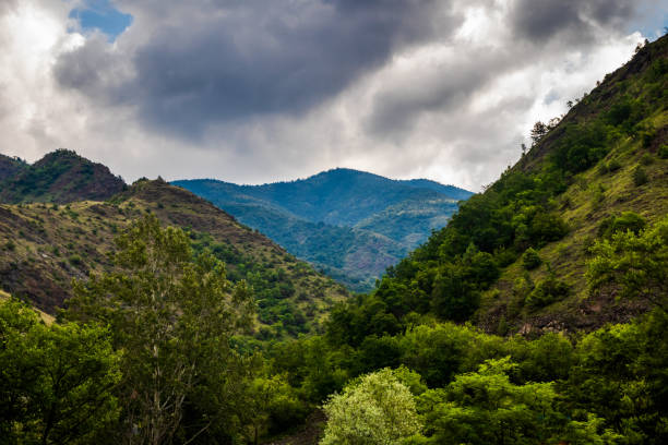 istock Mountain and forest, cloudy day with dark clouds 1163177633