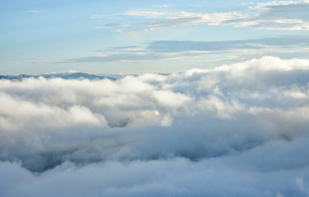 istock Morning blue sky with white clouds over the mountain tops. 1163177842