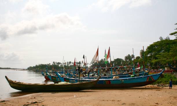 Ivorian boats on the beach Fishing boats on the beach after work. The picture was taken on Sassandra beach when boats were back on the beach. It shows boats with flags. ivory coast landscape stock pictures, royalty-free photos & images