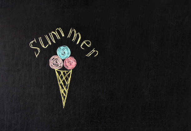 ice cream painted with multicolored chalk on a blackboard with the inscription summer concept of summer pleasure