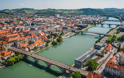 Aerial view of Maribor and it's bridges over Drava river