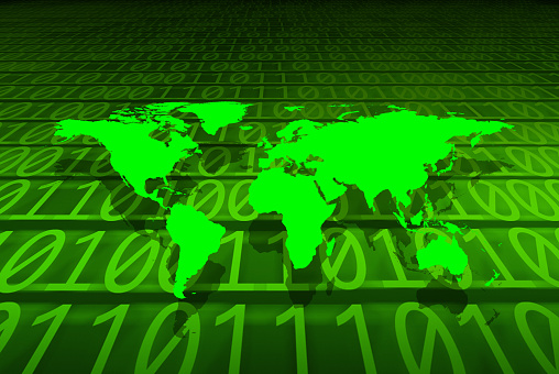 Conceptual technology image of green binary code and world map. NASA world map image layered and used; www.nasa.gov , https://www.flickr.com/photos/gsfc/sets/72157632172101342