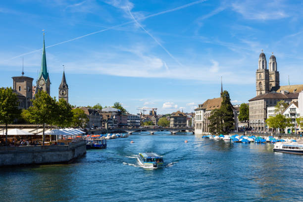 Aerial view of Zurich  old town waterfront in Switzerland Aerial view of Zurich  old town waterfront in Switzerland switzerland zurich architecture church stock pictures, royalty-free photos & images