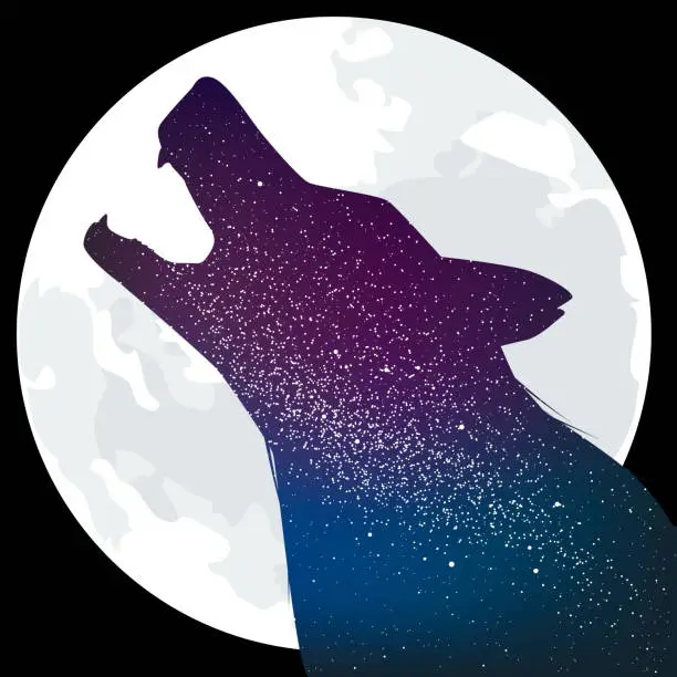 Vector illustration of Howling wolf isolated with moon and interior galaxy.