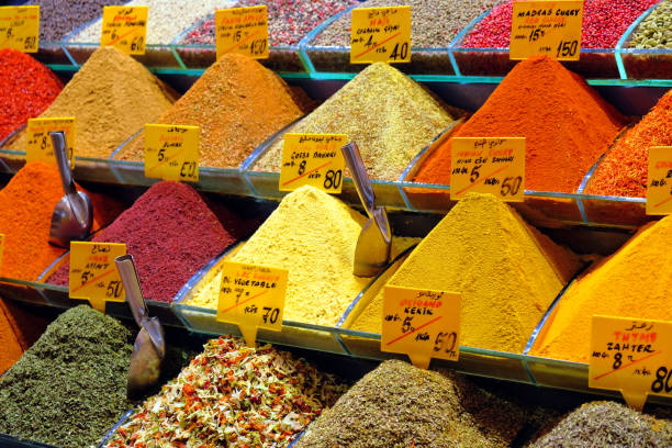 Spices and teas sell on the Egyptian market in Istanbul stock photo