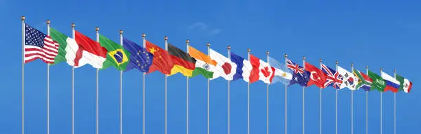 Waving flags countries of members Group of Twenty. Big G20 in Japan in 2020 . Blue sky background. 3d rendering.  Illustration.