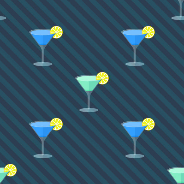 bezszwowy płaski wzór z kieliszkami koktajli - martini cocktail christmas blue stock illustrations