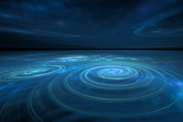Abstract futuristic alien digital 3d landscape. Circles on the water.