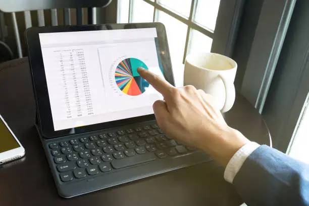 Photo of businessman point the finger to tablet for analysis graph visualization at coffee shop