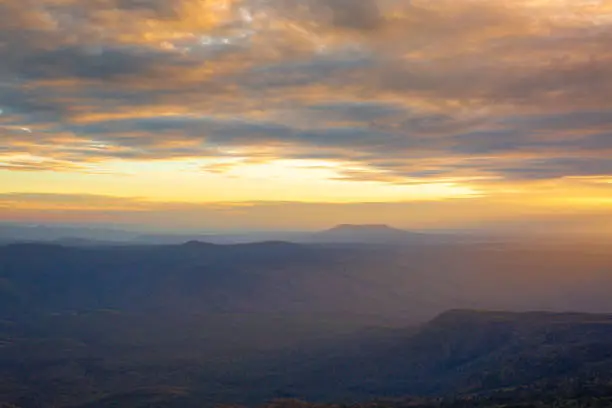 Photo of Mountain at sunset, the sky is yellow,Blue Mountains ,Australia, Blue Mountains - Australia, Mountain, Mountain Range, Fog