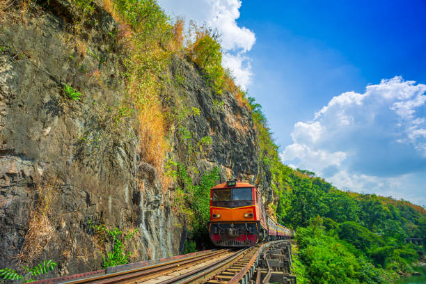 カンチャナブリ県、機関車、蒸気機関車、タイ、列車、第二次世界大戦の歴史的な鉄道は、列車の中で多くの観光客がクワイノイ川の美しい景色の写真を撮って死の鉄道として知られていま� - kanchanaburi province train thailand diesel ストックフォトと画像