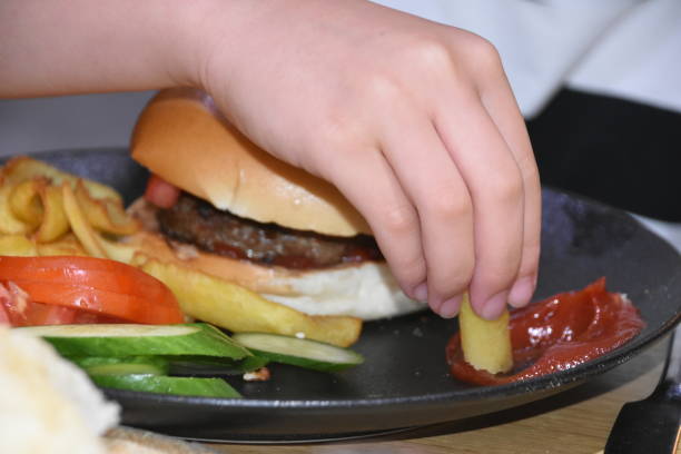 istock a girl eating hamburgers and chips 1163200297