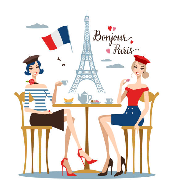 Two young women in a Paris cafe Two young women drinking coffee in a Paris cafe. paris fashion stock illustrations