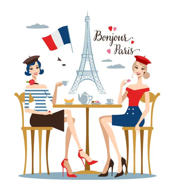Vector illustration of Two young women in a Paris cafe