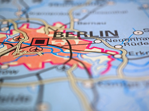 Macro view of Berlin, Germany on map.