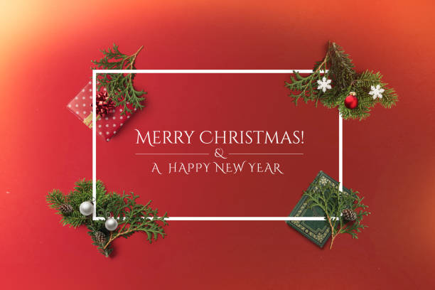 Merry Christmas and a Happy New Year holiday card with white border stock photo