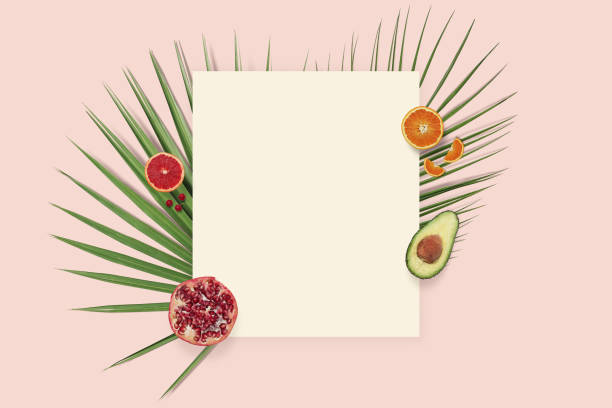 Summer holiday card copyspace. Fruit flatlay stock photo