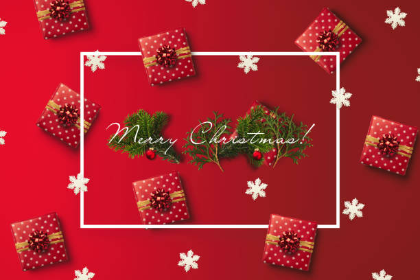 Merry Christmas greeting card with white frame stock photo