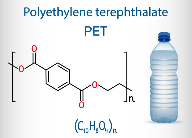 Polyethylene terephthalate or PET, PETE polyester, thermoplastic polymer molecule with plastic bottle. Structural chemical formula Polyethylene terephthalate or PET, PETE polyester, thermoplastic polymer molecule with plastic bottle. Structural chemical formula. Vector illustration polyethylene molecular structure stock illustrations