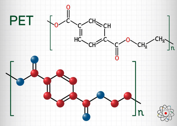 Polyethylene terephthalate or PET, PETE polyester, thermoplastic polymer molecule. Structural chemical formula and molecule model. Sheet of paper in a cage Polyethylene terephthalate or PET, PETE polyester, thermoplastic polymer molecule. Structural chemical formula and molecule model. Sheet of paper in a cage. Vector illustration polyethylene terephthalate stock illustrations