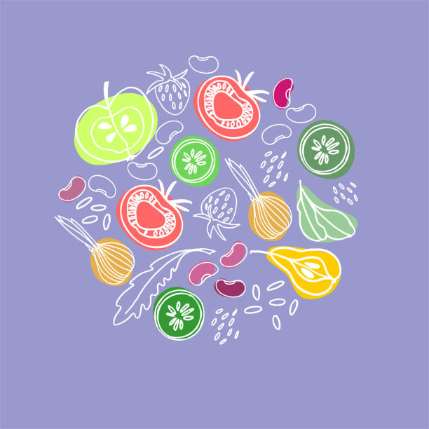 istock Circular fruit and vegetable ornament for surface design, posters, illustrations. Healthy and vegetarian foods theme 1163212156