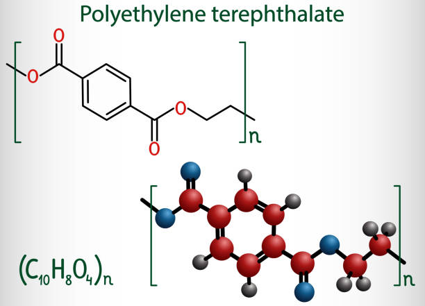 Polyethylene terephthalate or PET, PETE polyester, thermoplastic polymer molecule. Structural chemical formula and molecule model Polyethylene terephthalate or PET, PETE polyester, thermoplastic polymer molecule. Structural chemical formula and molecule model. Vector illustration polyethylene molecular structure stock illustrations