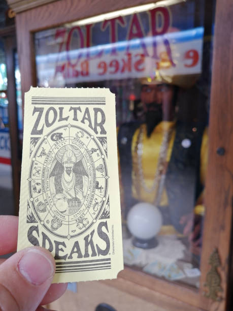 Zoltar genie fortune telling machine and horoscope card New York, USA - June 14th 2019: Zoltar genie fortune telling machine and horoscope card in Deno's Wonder Wheel Amusement Park, Conie Island fortune telling machine stock pictures, royalty-free photos & images