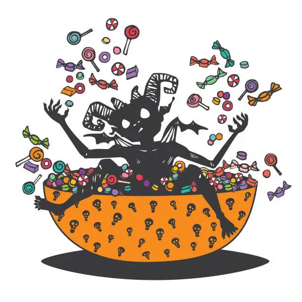 Vector illustration of Halloween Imp playing in the Candy Bowl