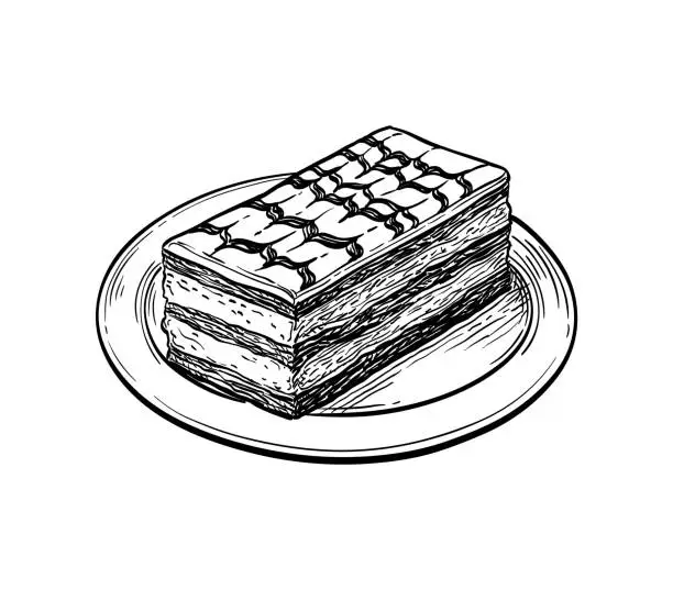 Vector illustration of Ink sketch of mille-feuille dessert.