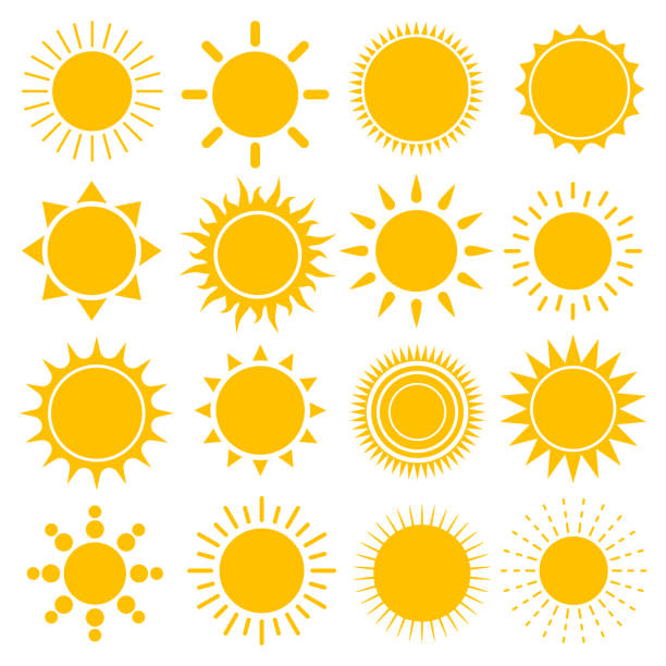 ilustraciones, imágenes clip art, dibujos animados e iconos de stock de conjunto vectorial de iconos solar - rayo de sol ilustraciones