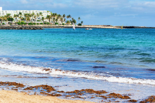 View of Playa de las Cucharas beach in Costa Teguise, Lanzarote, Spain, turquoise waters, selective focus