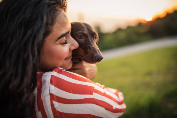 istock Beautiful woman hugging dachshund 1163219353