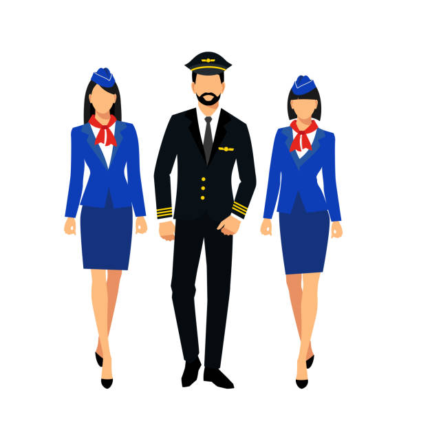 две стюардессы и пилот изолированы на белом фоне. - women young women white background eastern europe stock illustrations
