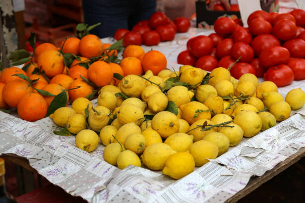 Various fruits for sale in a market in Croatia stock photo
