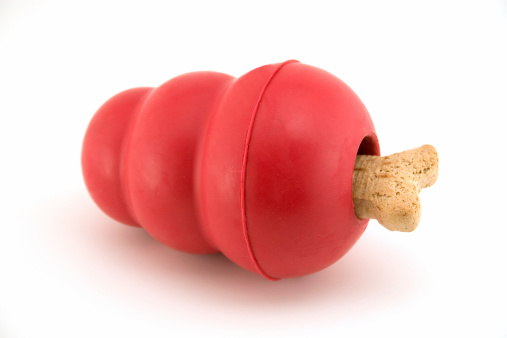 Red rubber dog toy with dog bone inside. Isolated on white. Shallow depth of field. Room for copy.