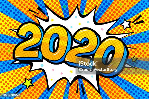 istock New Year greating card. Yellow numbers 2020 in word bubble. 1163228460