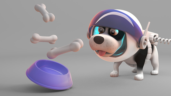 Feeding time for cute puppy dog in spacesuit, 3d illustration render