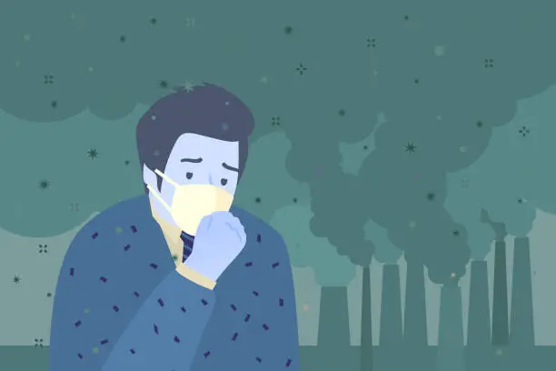 Vector illustration of Concept of air pollution. Sad man wearing protective face masks.
