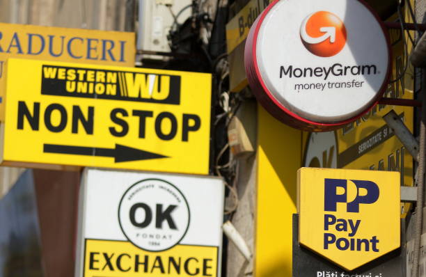 Western Union, MoneyGram and Pay Point commercials stock photo