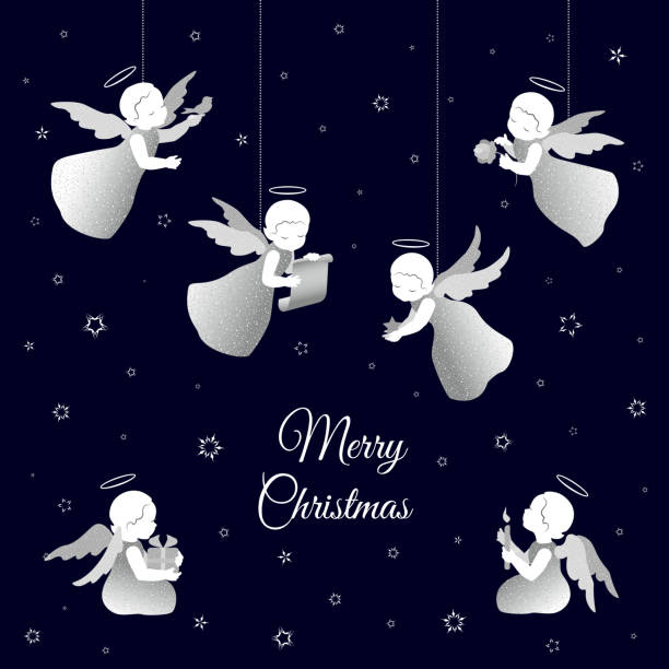 ilustrações de stock, clip art, desenhos animados e ícones de merry christmas vintage card with white angels and snowflakes - brass instrument flash