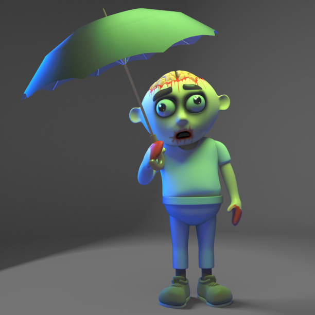 istock Undead zombie monster likes to sing while it rains under his umbrella, 3d illustration 1163233089
