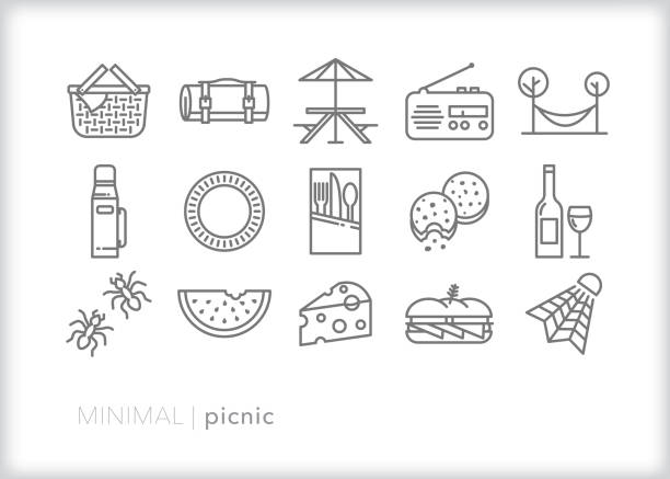 Picnic lunch line icon set Set of 15 picnic line icons for enjoying lunch or dinner outside with food, drink and games paper plate stock illustrations