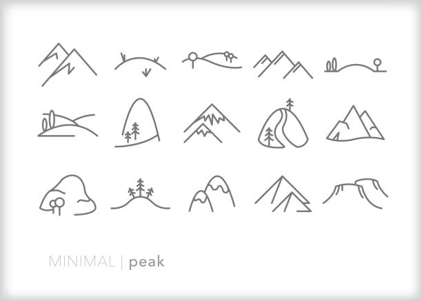ilustraciones, imágenes clip art, dibujos animados e iconos de stock de conjunto de iconos de pico y línea de montaña - paisaje ondulado