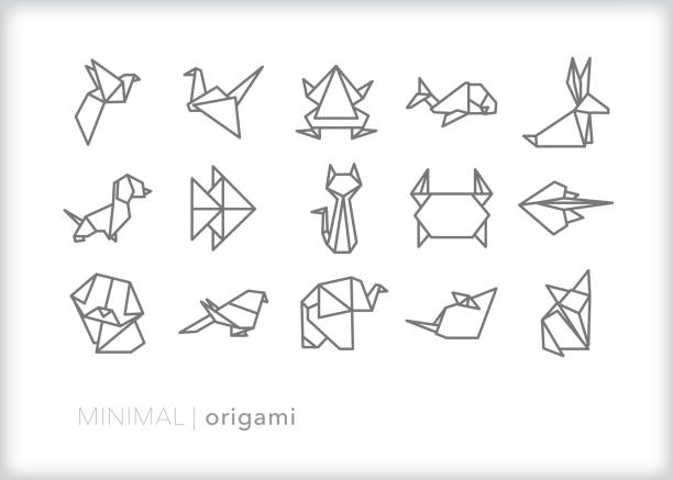 Origami animal line icon set Set of 15 origami animal line icons of folded paper art origami cranes stock illustrations