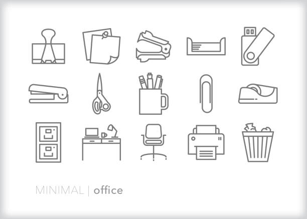 ilustraciones, imágenes clip art, dibujos animados e iconos de stock de conjunto de iconos de línea de accesorios de office - paper clip clip paper office