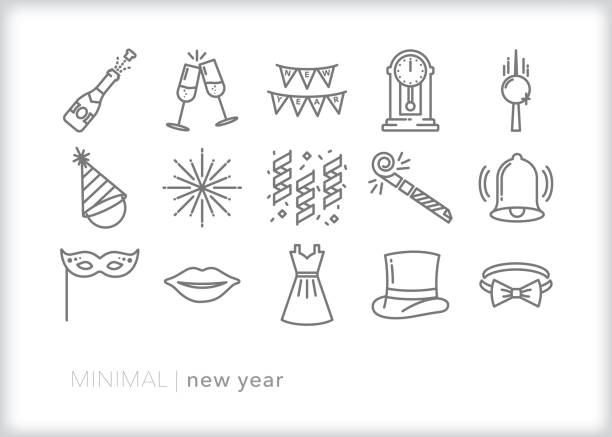New Years even celebration line icon set Set of 15 New Year's eve line icons for celebrating a new year at a fancy party midnight illustrations stock illustrations