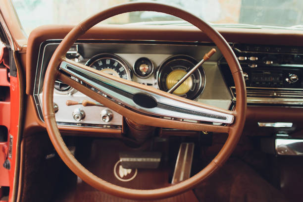 istock Retro car, retro torpedo car, vintage steering wheel, speedometer. 1163243530