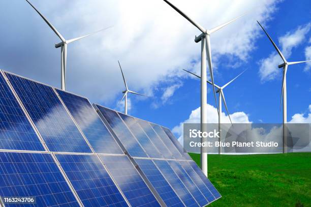 Solar Panel And Wind Turbine Farm Clean Energy Stock Photo - Download Image Now - Renewable Energy, Sustainable Energy, Solar Energy