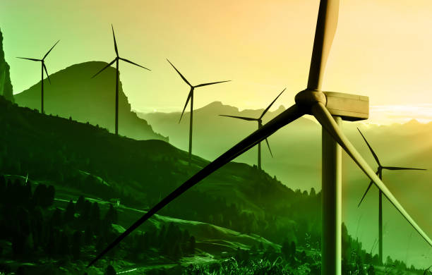 istock Wind turbine farm in beautiful nature landscape. 1163243710