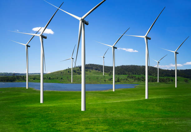 istock Wind turbine farm in beautiful nature landscape. 1163243727